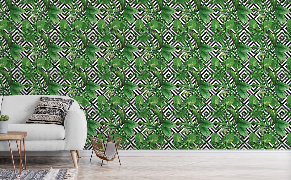 Palms Over Diamonds wallpaper in a living room | Walls Need Love