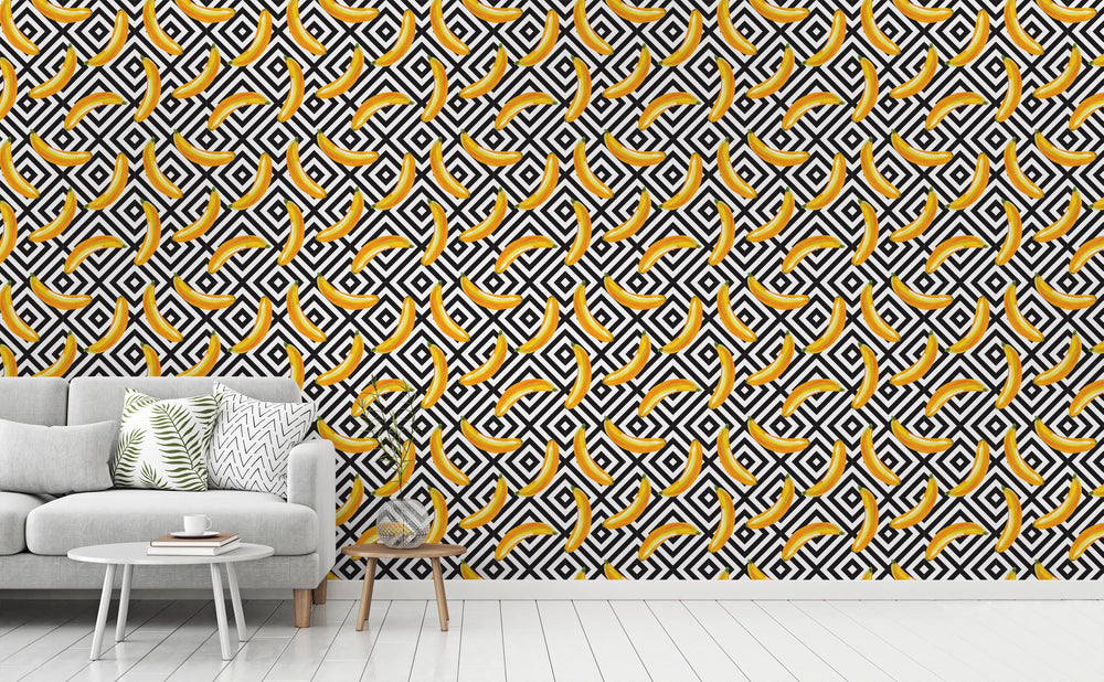 Banana Over Diamonds wallpaper in a living room | Walls Need Love