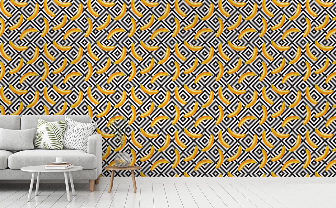 Banana Over Diamonds wallpaper in a living room | Walls Need Love
