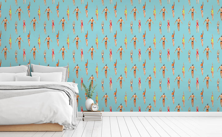 Swimmers wallpaper in a bedroom | Walls Need Love
