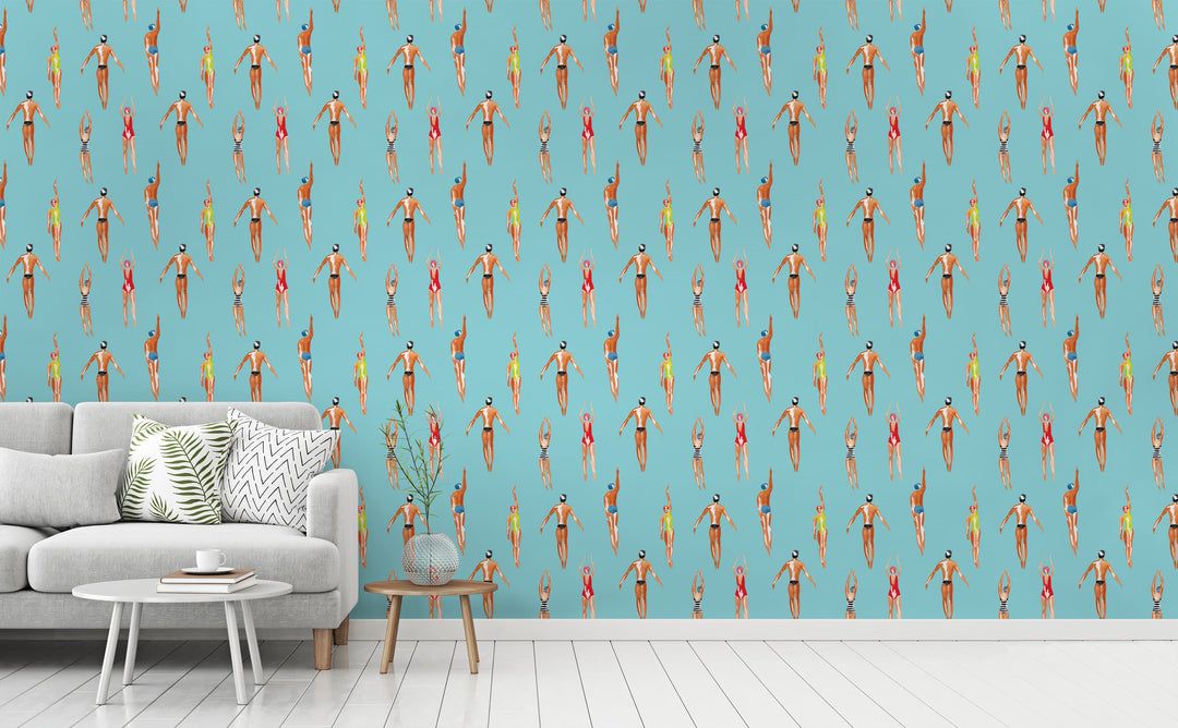 Swimmers wallpaper in a living room | Walls Need Love