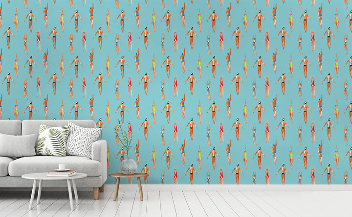 Swimmers wallpaper in a living room | Walls Need Love