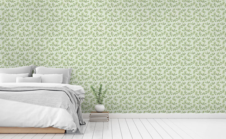 Twiggy - Sprigs Of Leaves Wallpaper wallpaper in a bedroom | Walls Need Love