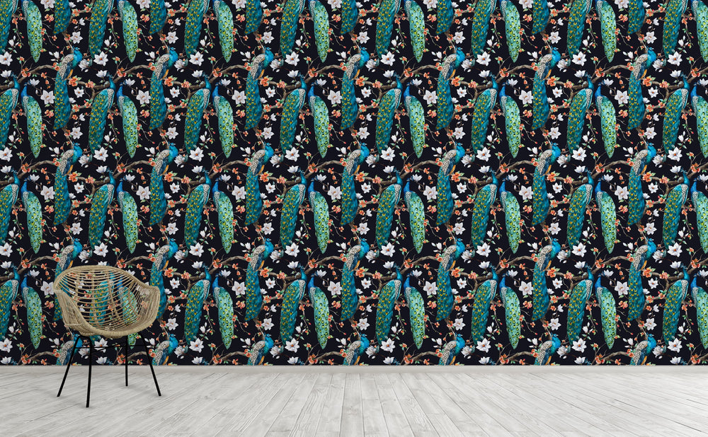 Victorian Peacocks on Black Wallpaper Pattern by Walls Need Love