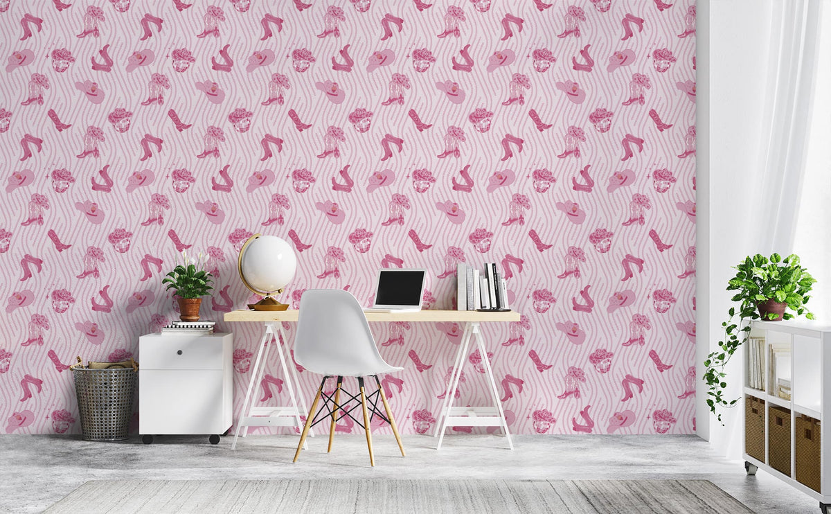Pink pop cowgirl with boots and sparkling disco ball Pattern Wallpaper