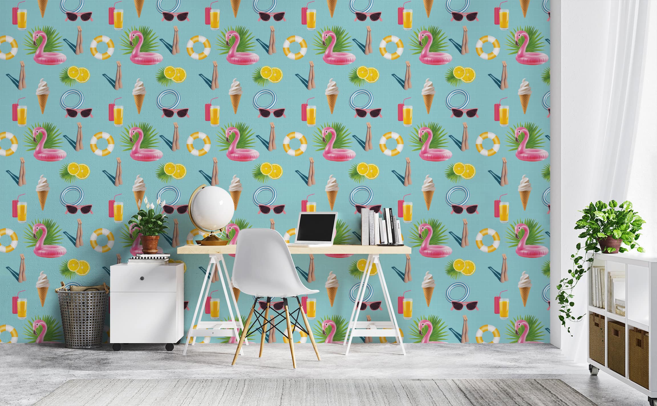 Pool party with a pink flamingo float, lemons and ice cream Pattern ...