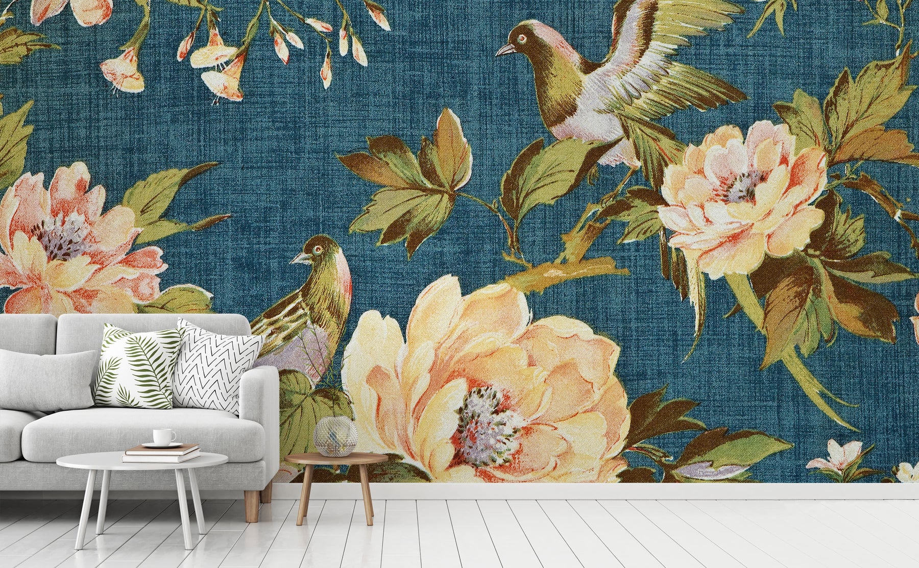 Birds & Flowers Wall Mural | Vintage Fabric