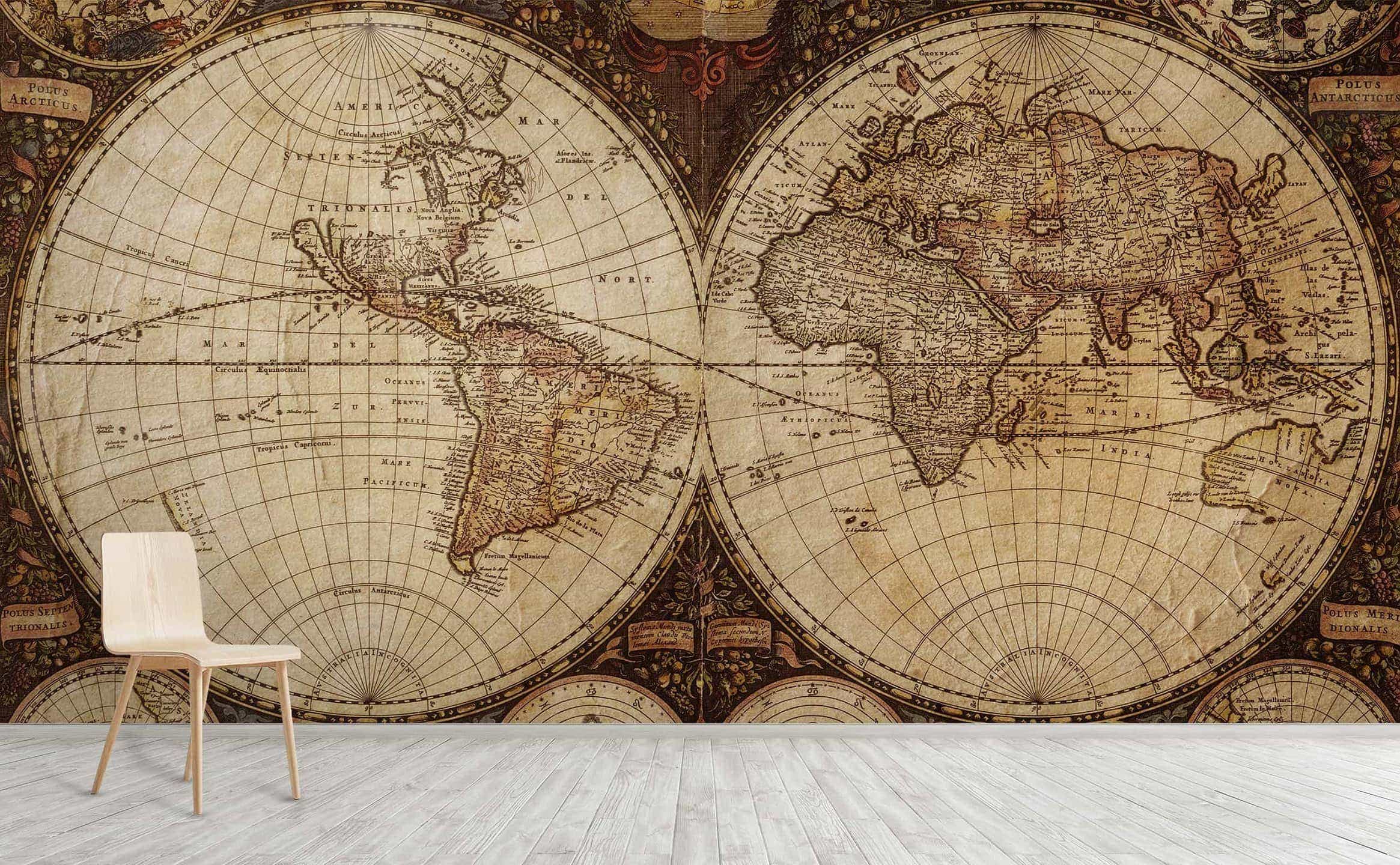Stereographic projection modern sepia world map wall mural | Across the  Globe