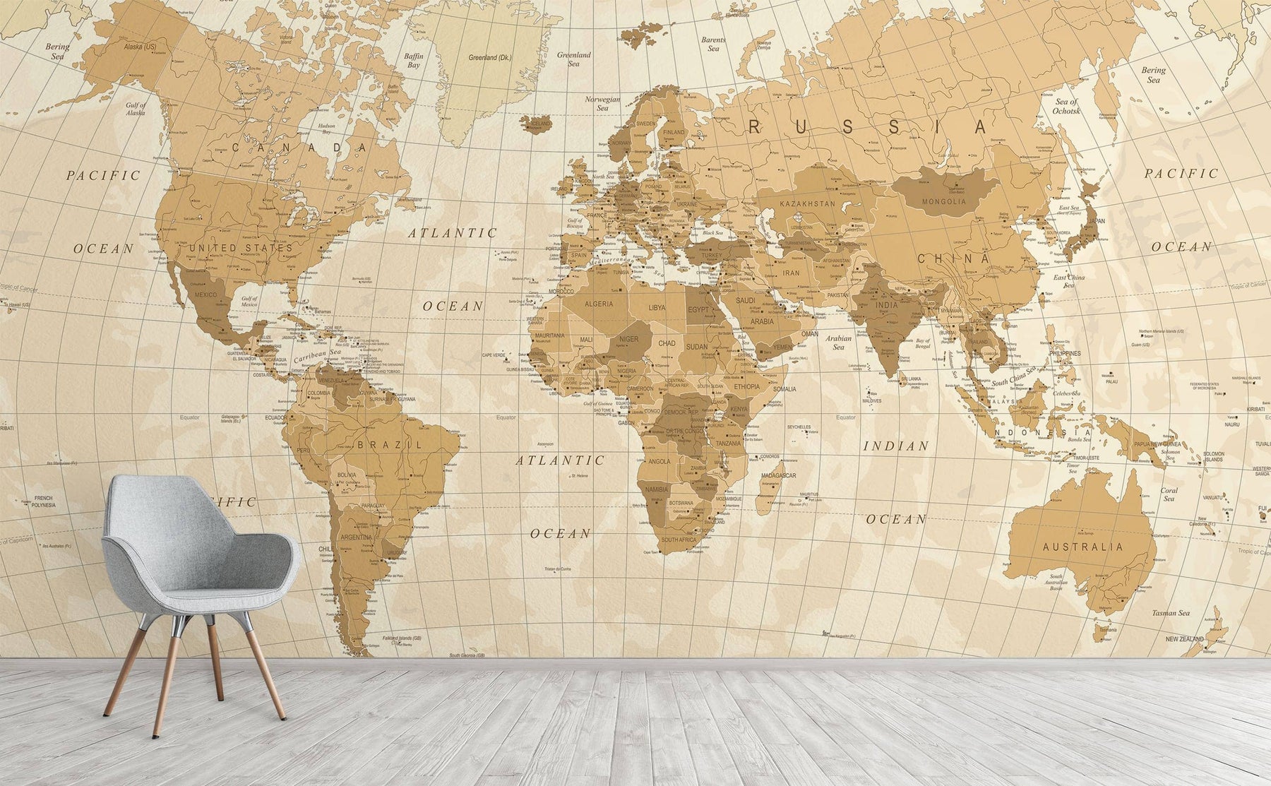 Stereographic projection modern sepia world map wall mural | Across the  Globe – WallsNeedLove, image size:1800x1113