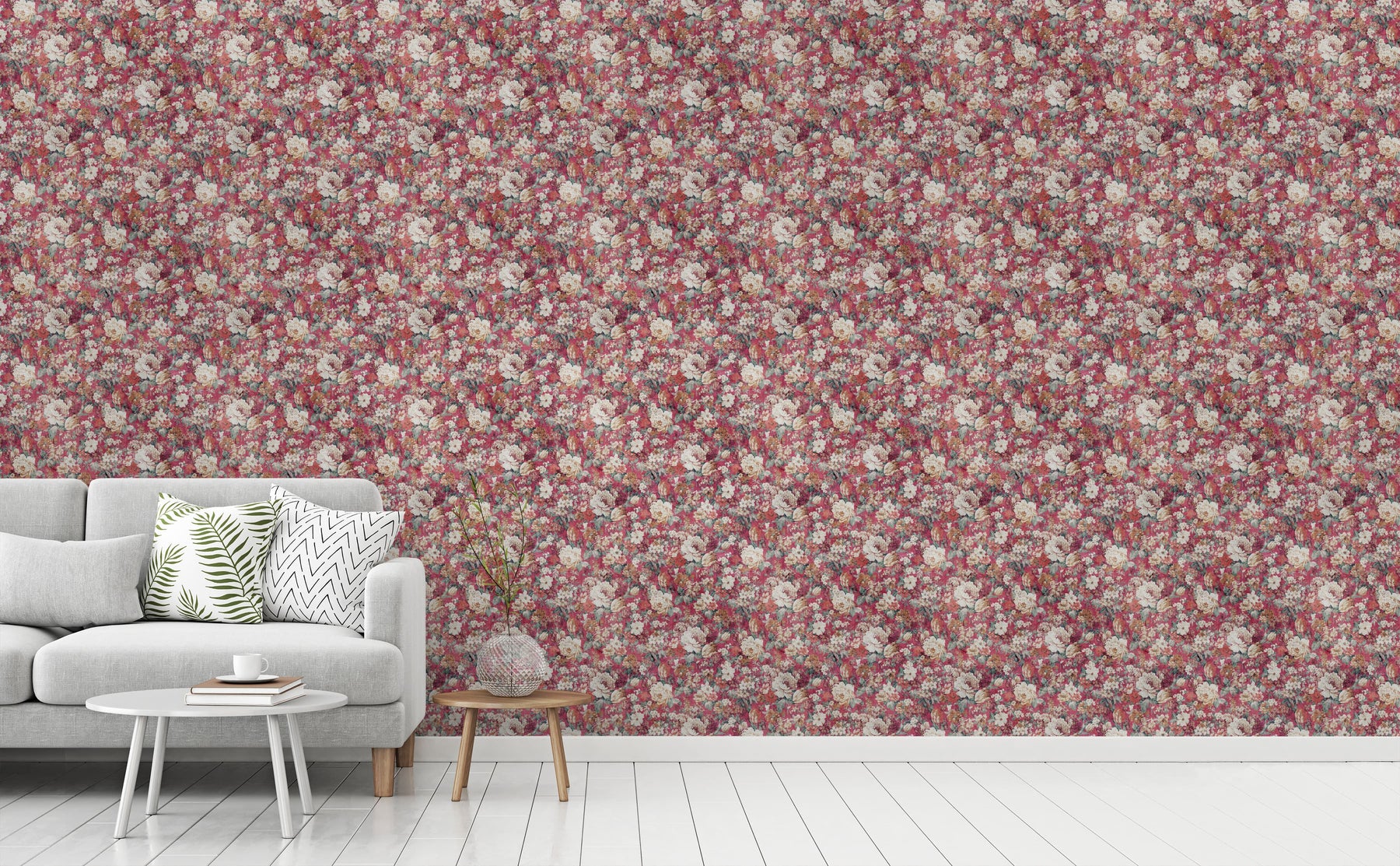 red flower wallpaper living room