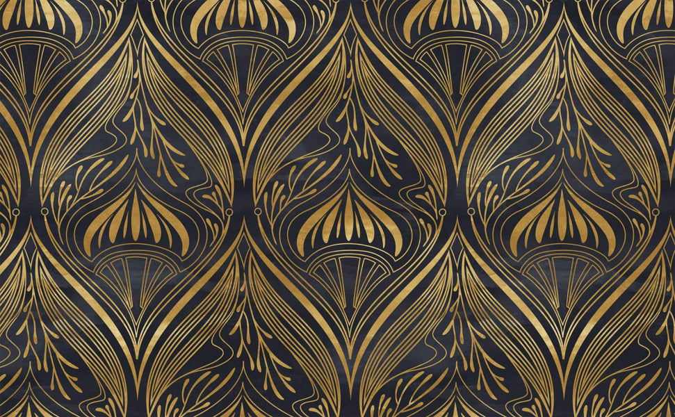 Gold & Navy Art Deco Fan Repeat Pattern Wallpaper