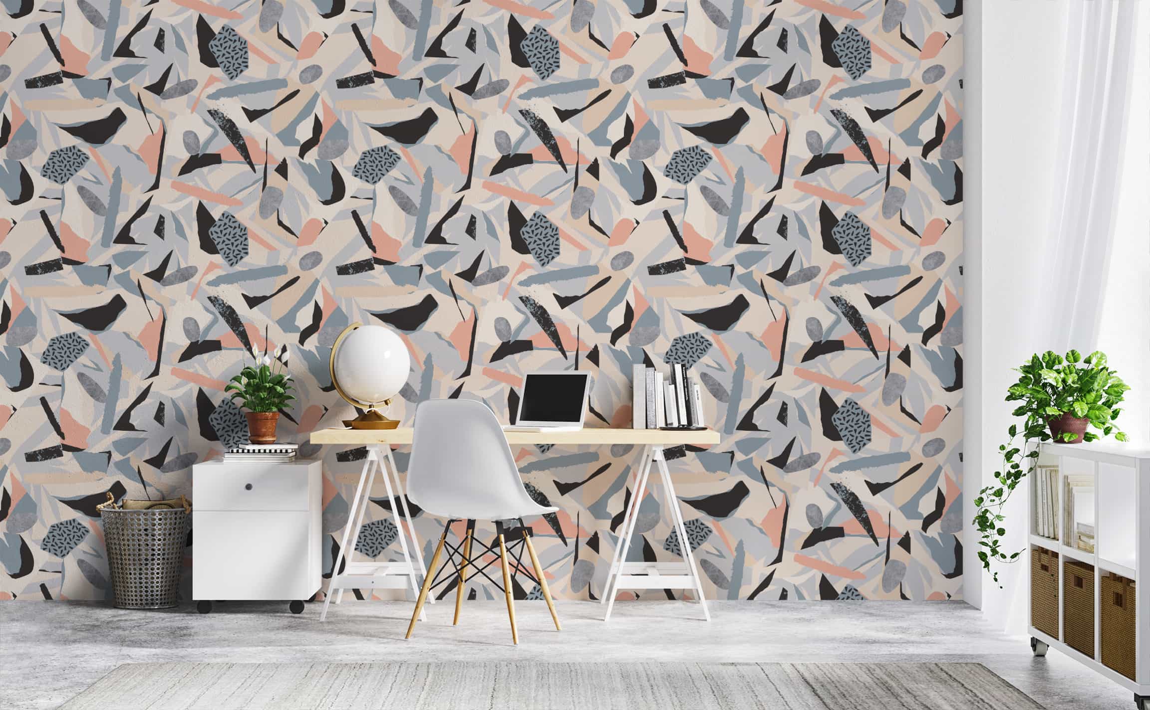 Abstract geometric blue grey and coral Pattern Wallpaper for Walls